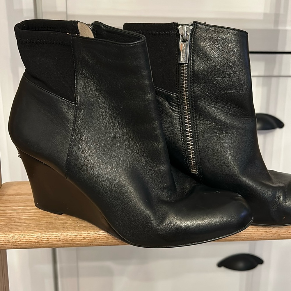 Michael Kors “Bromley” black leather wedge ankle boots, size 7